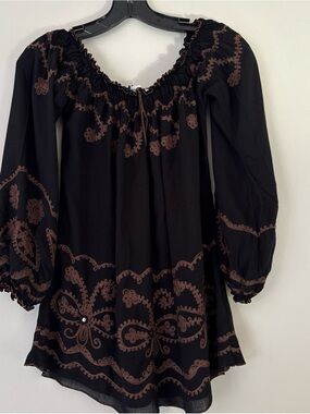 Poupette St. Barth Black Top with Brown Embroidered Motif